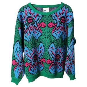 VTG Extra Touch Sweater - Green and Blue Floral Design - M/L